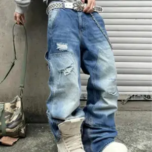 Distressed Wide Leg Relaxed Fit Jeans